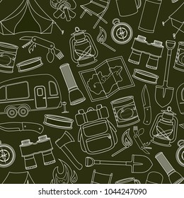 Seamless pattern of travel equipment. Accessories for camping and camps. Line icons of camping and tourism equipment. Vector