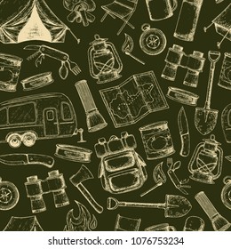 Seamless pattern of travel equipment. Accessories for camping and camps. Sketch illustration of camping and tourism equipment. Vector