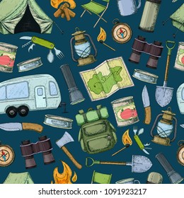 Seamless pattern of travel equipment. Accessories for camping and camps. Colorful sketch cartoon illustration of camping and tourism equipment. Vector