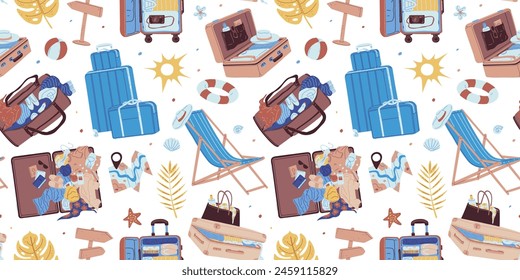 Seamless pattern with travel essentials. Vector illustration of suitcases, beach accessories, map, and sunscreen for backgrounds, textiles, and wrapping paper.