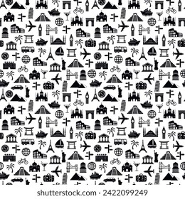 Seamless pattern with travel famous places abstract silhouettes