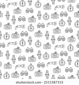 Seamless pattern travel gear. Black and white line art. Hand drawn. For textiles, clothes, backgrounds, postcards. Travel, hiking and camping concept. Vector illustration.