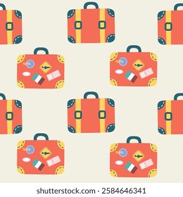 Seamless pattern of travel hand luggage in flat style