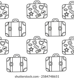 Seamless pattern of travel hand luggage in outline