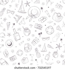 Seamless pattern with travel icons. Vacation, holiday, voyage. Hand drawn romantic vector background