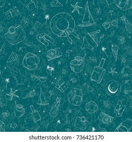 Seamless pattern with travel icons. Vacation, holiday, voyage. Hand drawn romantic vector background