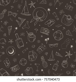 Seamless pattern with travel icons. Vacation, holiday, voyage. Hand drawn romantic vector background