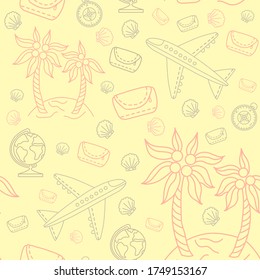 Seamless pattern. Travel, island with palm trees and an airplane, shells and a compass. Packaging, design and printing. Vector seamless pattern. Vector line illustration.