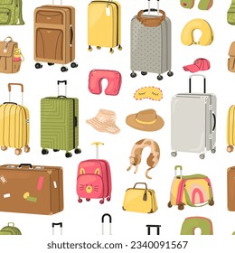 Patrón sin problemas de los artículos de viaje. Las maletas de diferentes formas y colores para adultos y niños. almohadas y sombreros de avión, bolsas y mochila. Ilustración vectorial para papel o textil. 