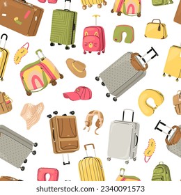 Seamless pattern of travel items. Different shapes and colors suitcases for adults and children. Airplane pillows and hats, bags and backpack. Vector illustration for paper or textile. 