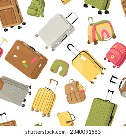 Seamless pattern of travel items. Different shapes and colors suitcases for adults and children. Airplane pillows and hats, bags and backpack. Vector illustration for paper or textile. 