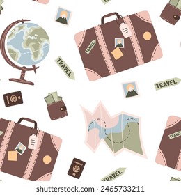 Patrón sin costuras con artículos de viaje. Fondo sin fin con maleta, mapa de la brújula. Viaja por el mundo, aventura. Ideal para el Fondo de pantalla, scrapbooking, tela