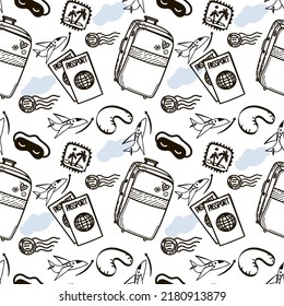 Seamless Pattern Of Travel Items, Hand-drawn In Sketch Style. Large Suitcase, Stamp With Palm Trees, Passports, Sleep Mask And Neck Pillow. Luggage. Airplane. Sketch.