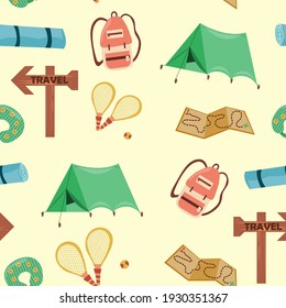 Seamless pattern travel items. Objects for travelling around the world. Flat design style vector illustration collection of planning a summer vacation, tourism and journey objects