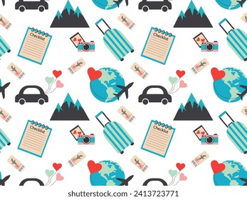 Seamless pattern with travel items such as tickets, suitcase, globe, mountains, airplane. Endless texture about travel and tourism. Flat vector illustration on transparent background, suitable for