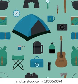 Seamless pattern with travel items. Tent, ax, knife, guitar, thermos, etc. Vector illustration.