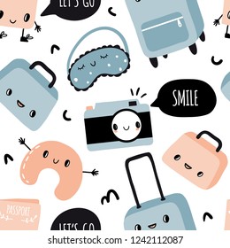 Seamless pattern travel kawaii objects with different cute faces with speech bubbles. Cartoon characters: suitcase, bag, camera, passport and other. Fun cartoon doodle vector background, journey 