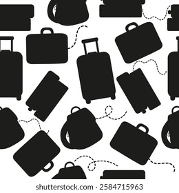 Seamless pattern of travel luggage, suitcase on wheels in silhouette