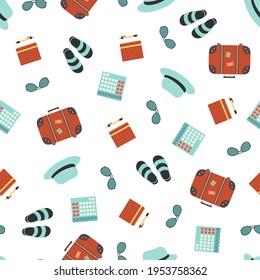 seamless pattern with travel objects, suitcase, hat, sunglasses, calendar, notebook and pen and sandals on white background, travel texture, vacation, adventure, tourism and summer vector illustration