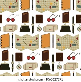 A seamless pattern for travel, recreation, business trip, trekking, plein air. Notepad, documents, tickets, passport, coffee, phone, tablet, keys, tube, tissue bag, waist bag, sunglasses, purse