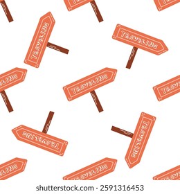 Seamless pattern with travel signpost in flat style on white background


