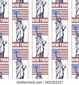 Seamless pattern travel stickers the Statue of Liberty of New York. Vintage paper landmarks travel labels seamless background. Vector illustration.