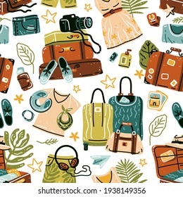 Seamless pattern with travel stuff. Endless texture about tourism. Colored flat vector background with travel objects like suitcase, bag, camera, hat and other. Travel backdrop, vacation, adventure