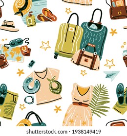 Seamless pattern with travel stuff. Endless texture about tourism. Colored flat vector background with travel objects like suitcase, bag, camera, hat and other. Travel backdrop, vacation, adventure