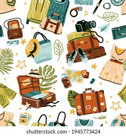 Seamless pattern with travel stuff. Endless texture about tourism. Colored flat vector background with travel objects like suitcase, bag, camera, hat and other. Travel backdrop, vacation, adventure