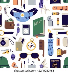 Seamless pattern, travel stuff, tourists accessories. Repeating print, background of bag contents, touristic supplies, survival items, essentials, passport, camera. Flat graphic vector illustration