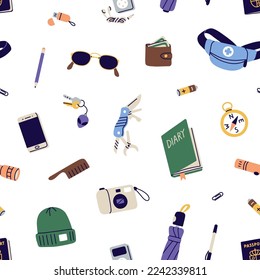 Seamless pattern with travel stuff, tourists accessories, bag contents. Endless background, repeating print with everyday carry essentials, supplies, keys, wallet. Flat graphic vector illustration