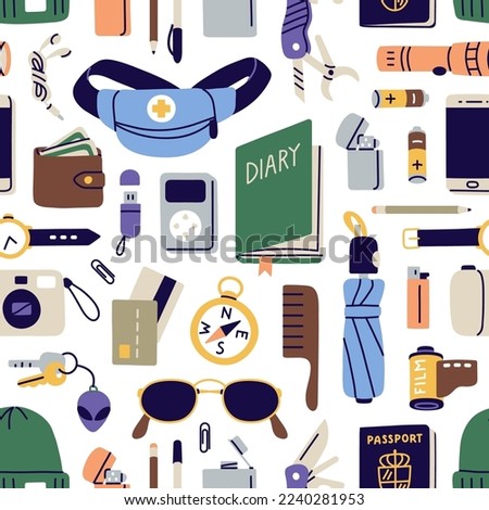 Seamless pattern, travel stuff, tourists accessories. Repeating print, background of bag contents, touristic supplies, survival items, essentials, passport, camera. Flat graphic vector illustration