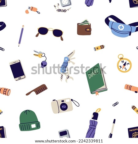 Seamless pattern with travel stuff, tourists accessories, bag contents. Endless background, repeating print with everyday carry essentials, supplies, keys, wallet. Flat graphic vector illustration