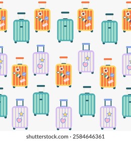 Seamless pattern of travel suitcase on wheels in flat style