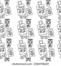 Seamless pattern of travel suitcase, sunglasses, sunscreen, luggage outline