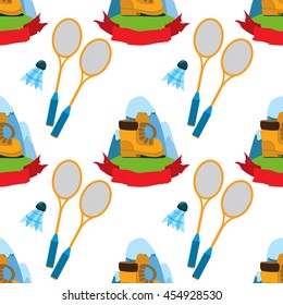 Seamless pattern travel theme. Vacation, travel, mountain climbing, active sport, hobby design surface.
