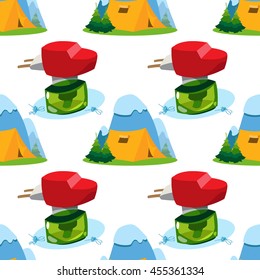 Seamless pattern travel theme. Vacation, travel, mountain climbing, active sport, hobby design surface.