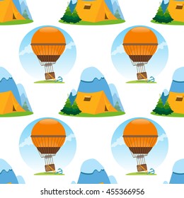 Seamless pattern travel theme. Vacation, travel, mountain climbing, active sport, hobby design surface.