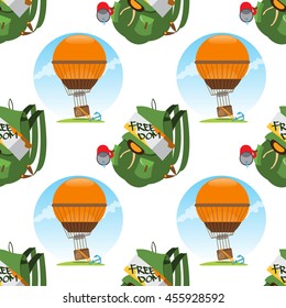 Seamless pattern travel theme. Vacation, travel, mountain climbing, active sport, hobby design surface.