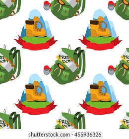Seamless pattern travel theme. Vacation, travel, mountain climbing, active sport, hobby design surface.