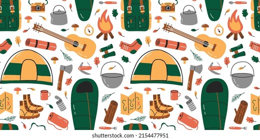 Seamless pattern of travel tools. Camping and hiking equipment. Hand drawn flat style. Vector illustration.