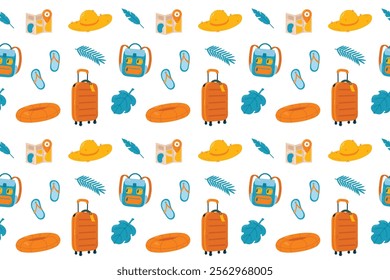 Seamless pattern of travel and tourism items. Vector flat illustration on white background