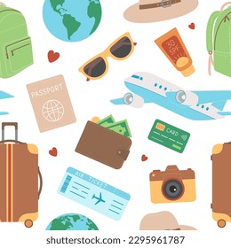 Seamless pattern with travel vacation elements, suitcase, backpack, passport, globe, plane, air ticket, camera, hat and other. Tourism, trip texture. Vector flat illustration