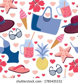 Nahtloses Muster mit Reisen und Sommeraufenthalten. Sommermotive auf nahtlosem Hintergrund mit tropischen Blumen und Strandzubehör. Perfekt für Gewebe, Tapeten oder Wickelpapier.