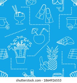 Seamless pattern Travel vector illustration Holiday Vacation Adventure Summer Sea Cruise Tuk-tuk, palm tree, mask, snorkel, flippers, herbal pouches for massage, shell, pineapple, banana, cocktail