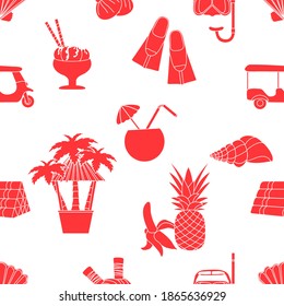 Seamless pattern Travel vector illustration Holiday Vacation Adventure Summer Sea Cruise Tuk-tuk, palm tree, mask, snorkel, flippers, herbal pouches for massage, shell, pineapple, banana, cocktail