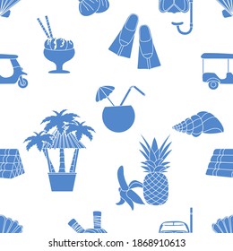 Seamless pattern Travel vector illustration Holiday Vacation Adventure Summer Sea Cruise Tuk-tuk, palm tree, mask, snorkel, flippers, herbal pouches for massage, shell, pineapple, banana, cocktail