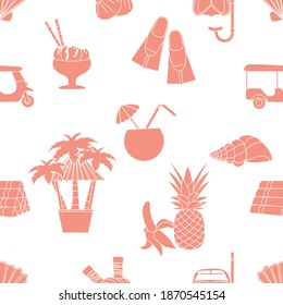 Patrón sin foco Ilustración vectorial de viaje Vacaciones Aventura Verano Cruise Tuk-tuk, palmera, máscara, buceo, aletas, bolsas de hierbas para masaje, cáscara, piña, plátano, cóctel