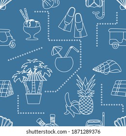 Seamless pattern Travel vector illustration Holiday Vacation Adventure Summer Sea Cruise Tuk-tuk, palm tree, mask, snorkel, flippers, herbal pouches for massage, shell, pineapple, banana, cocktail