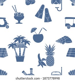 Seamless pattern Travel vector illustration Holiday Vacation Adventure Summer Sea Cruise Tuk-tuk, palm tree, mask, snorkel, flippers, herbal pouches for massage, shell, pineapple, banana, cocktail